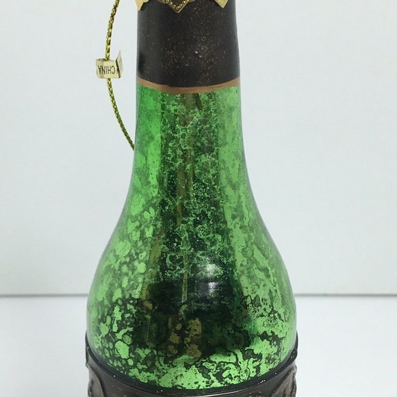 Wine Bottle Christmas Holiday Glass Ornament With Stones Green Ornate 6" Hanging - Picture 3 of 12